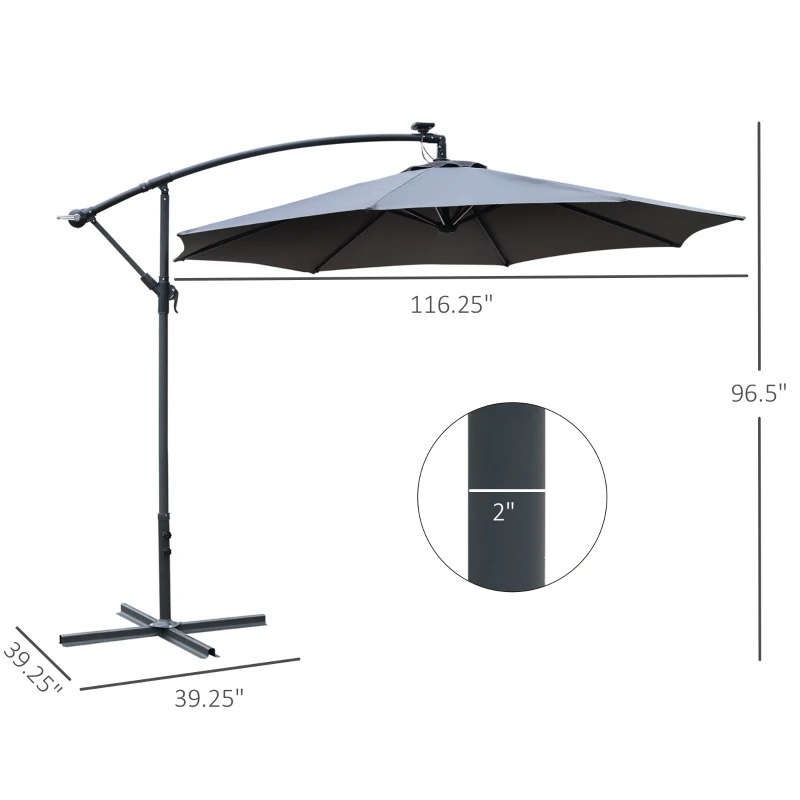 Outsunny 10ft Cantilever Solar Hanging Offset Umbrella Outdoor LED Lights Aluminum Market Banana Parasol Crank w/ Cross Base Garden Sun Shelter Grey