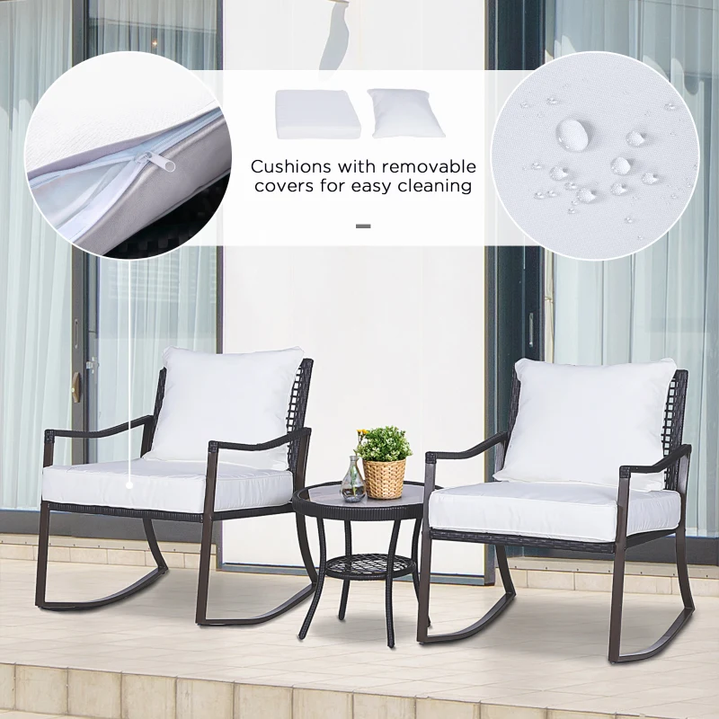 Outsunny 3 Pieces Patio Wicker Rocking Set, Outdoor PE Rattan Bistro Furniture Set with Soft Padded Cushions, Pillows and Round Glass Top Coffee Table for Patio, Backyard, Garden, White