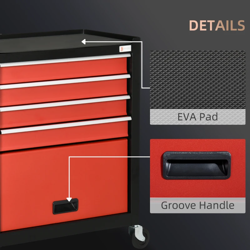 DURHAND 4-Drawer Tool Chest with 4 Wheels, Rolling Tool Box and Storage Cabinet, Portable Tool Organizer for Garage, Red