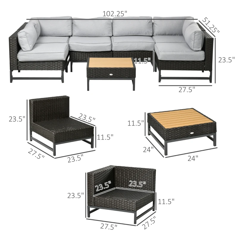 Outsunny 7 Piece Outdoor Patio Furniture Set with 4.75" Thick Cushions, Aluminum Frame Outdoor PE Rattan Wicker Sectional Sofa Set with Slat Wood Grain Plastic Top Coffee Table, Light Gray