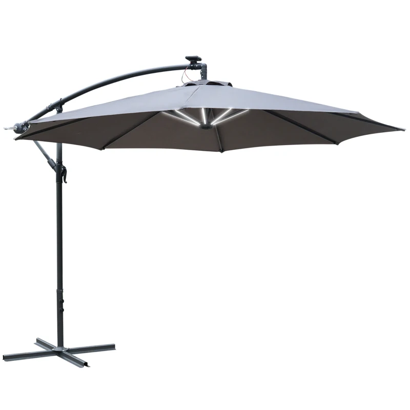 Outsunny 10ft Cantilever Solar Hanging Offset Umbrella Outdoor LED Lights Aluminum Market Banana Parasol Crank w/ Cross Base Garden Sun Shelter Grey