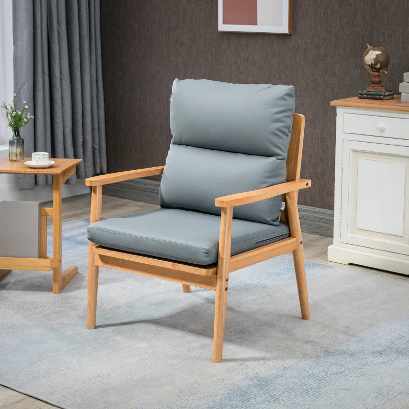 HOMCOM Armchair with Removable Seat and Back Cushion for Bedroom Living Room Chair with Faux Leather and Wood Legs Grey