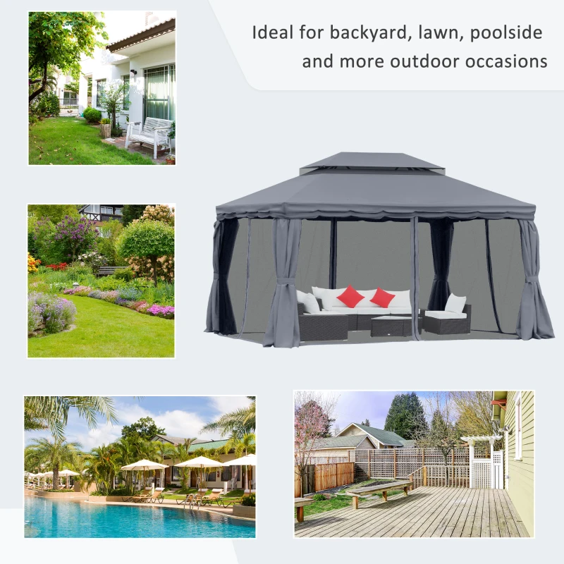 Outsunny 13' x 10' Patio Gazebo, Double Roof Outdoor Gazebo Canopy Shelter with Netting & Curtains, Strong Aluminum Frame, Dark Grey