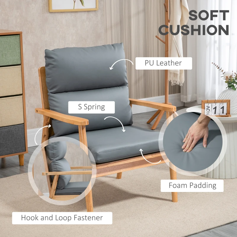 HOMCOM Armchair with Removable Seat and Back Cushion for Bedroom Living Room Chair with Faux Leather and Wood Legs Grey