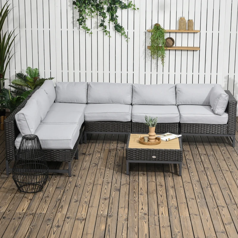 Outsunny 7 Piece Outdoor Patio Furniture Set with 4.75" Thick Cushions, Aluminum Frame Outdoor PE Rattan Wicker Sectional Sofa Set with Slat Wood Grain Plastic Top Coffee Table, Light Gray
