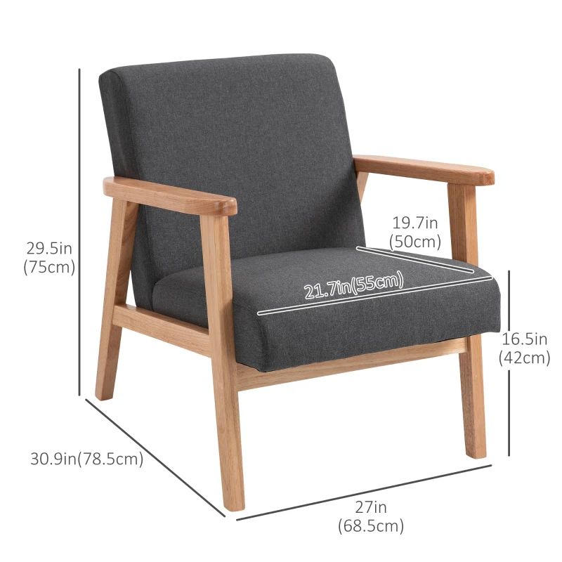 HOMCOM Mid-Century Modern Accent Chair Retro Fabric Armchair Wooden Arm Upholstered Lounge Chair for Living Room Grey
