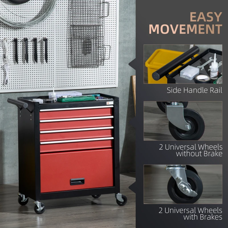 DURHAND 4-Drawer Tool Chest with 4 Wheels, Rolling Tool Box and Storage Cabinet, Portable Tool Organizer for Garage, Red