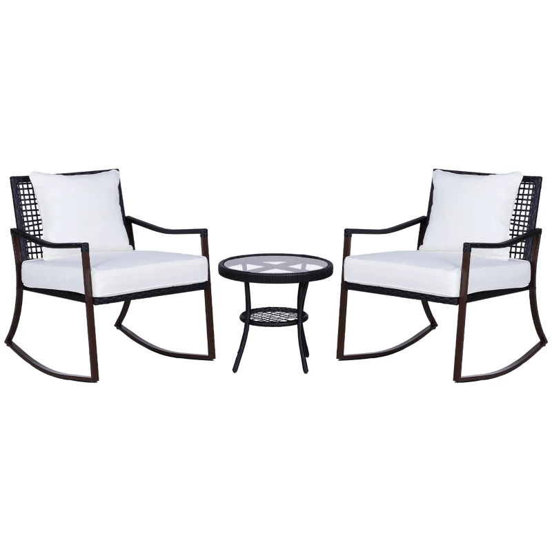 Outsunny 3 Pieces Patio Wicker Rocking Set, Outdoor PE Rattan Bistro Furniture Set with Soft Padded Cushions, Pillows and Round Glass Top Coffee Table for Patio, Backyard, Garden, White