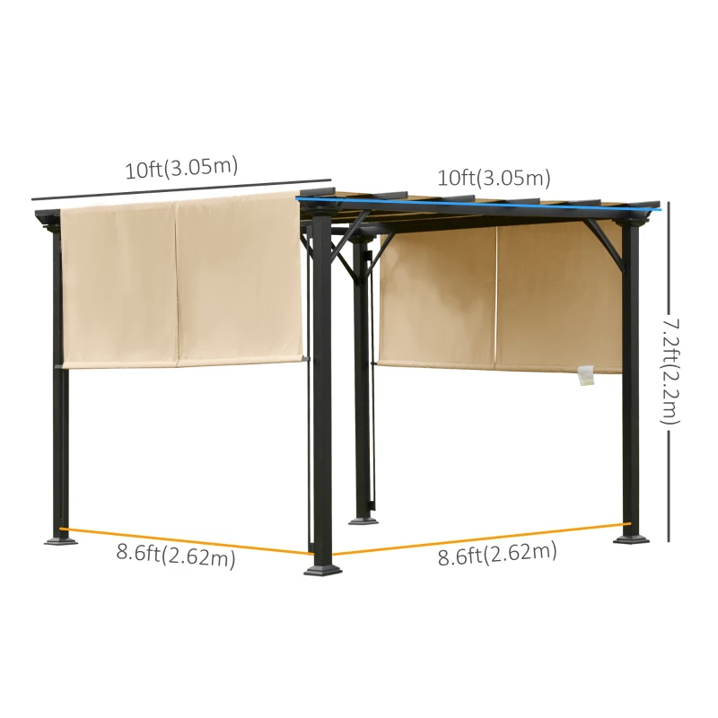 Outsunny 10' x 10' Retractable Pergola Canopy, Outdoor Gazebo with Sun Shade Canopy and Steel Frame, for Backyard, Garden, Patio, Deck, Beige