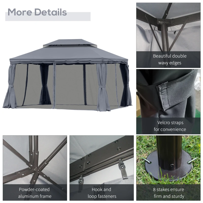 Outsunny 13' x 10' Patio Gazebo, Double Roof Outdoor Gazebo Canopy Shelter with Netting & Curtains, Strong Aluminum Frame, Dark Grey