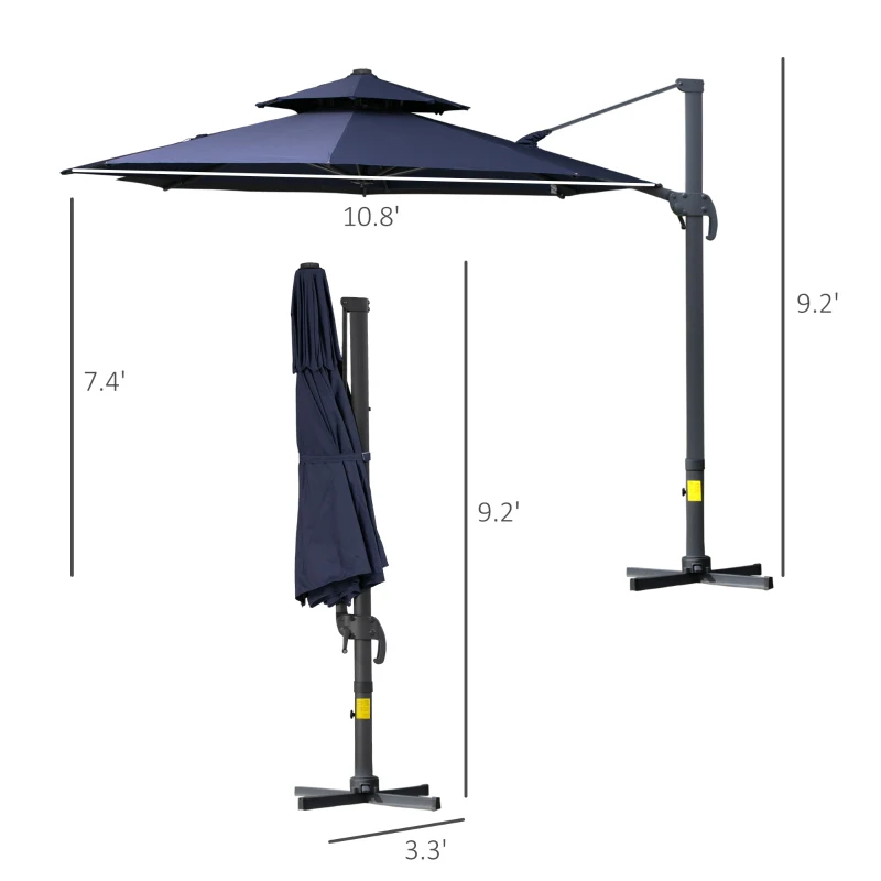 Outsunny 11ft Cantilever Patio Umbrella with Base, Double Top Hanging Aluminum Offset Umbrella with 360° Rotation, Easy Tilt, 8 Ribs, Crank, Cross Base for Backyard, Dark Blue