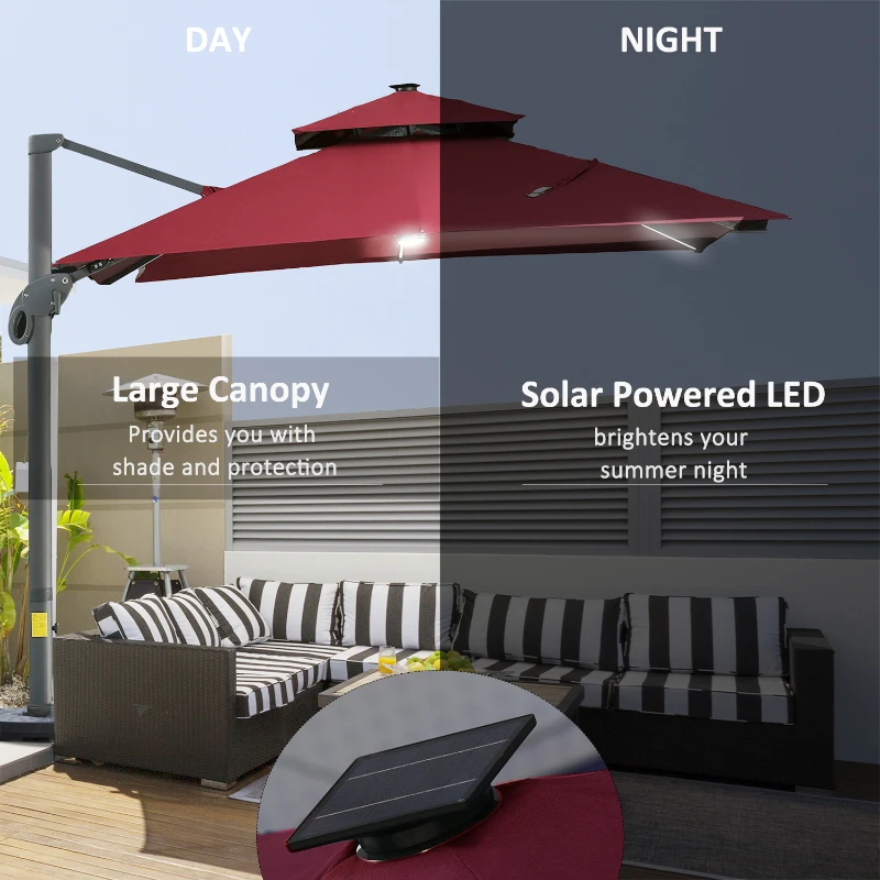 Outsunny 10x10ft Shade Umbrella with Solar LED Cold Lighted and Power Bank with Adjustable Angle for Backyard, Wine Red