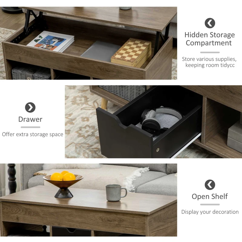 HOMCOM Lift Top Coffee Table with Hidden Storage Compartment, Drawer and Open Shelves, Coffee Table with Lift Tabletop, Center Table for Living Room, Espresso