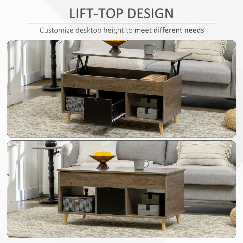 HOMCOM Lift Top Coffee Table with Hidden Storage Compartment, Drawer and Open Shelves, Coffee Table with Lift Tabletop, Center Table for Living Room, Espresso