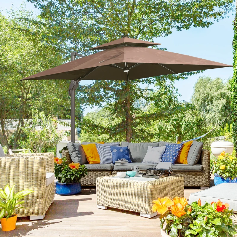 Outsunny 10x10ft Shade Umbrella with Solar LED Cold Lighted & Power Bank with Adjustable Angle for Backyard, Brown