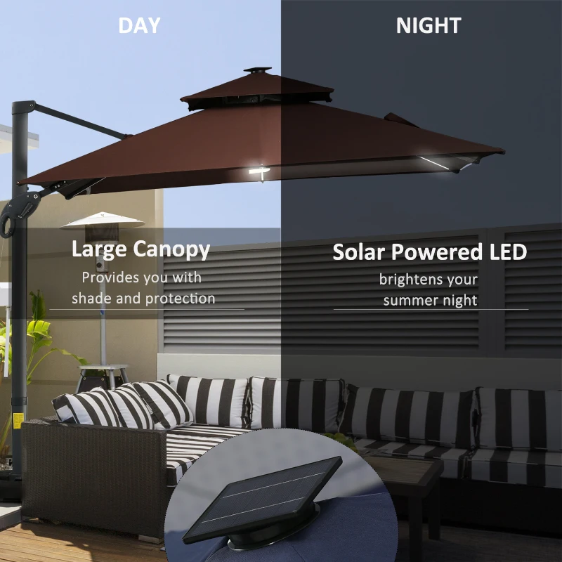 Outsunny 10x10ft Shade Umbrella with Solar LED Cold Lighted & Power Bank with Adjustable Angle for Backyard, Brown