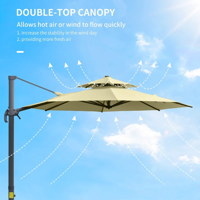 Outsunny 11ft Cantilever Patio Umbrella with Base, Double Top Hanging Aluminum Offset Umbrella with 360° Rotation, Easy Tilt, 8 Ribs, Crank, Cross Base for Backyard, Beige
