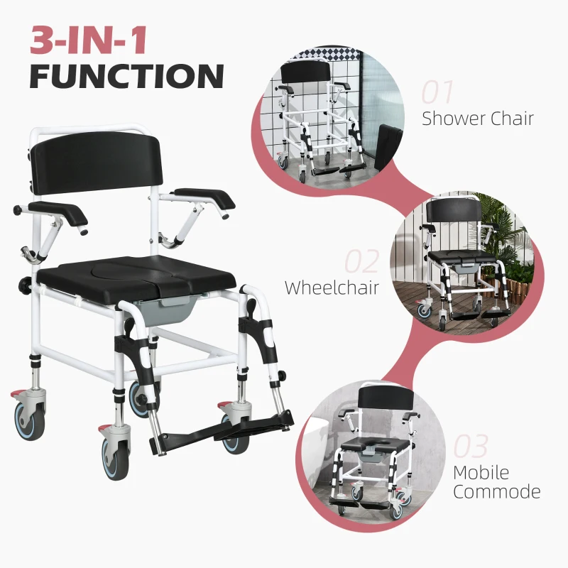 HOMCOM Accessibility Commode Wheelchair, Rolling Shower Wheelchair with 4 Castor Wheels, Rectangle Detachable Bucket, & Waterproof Design, 17" Seat Width, Black