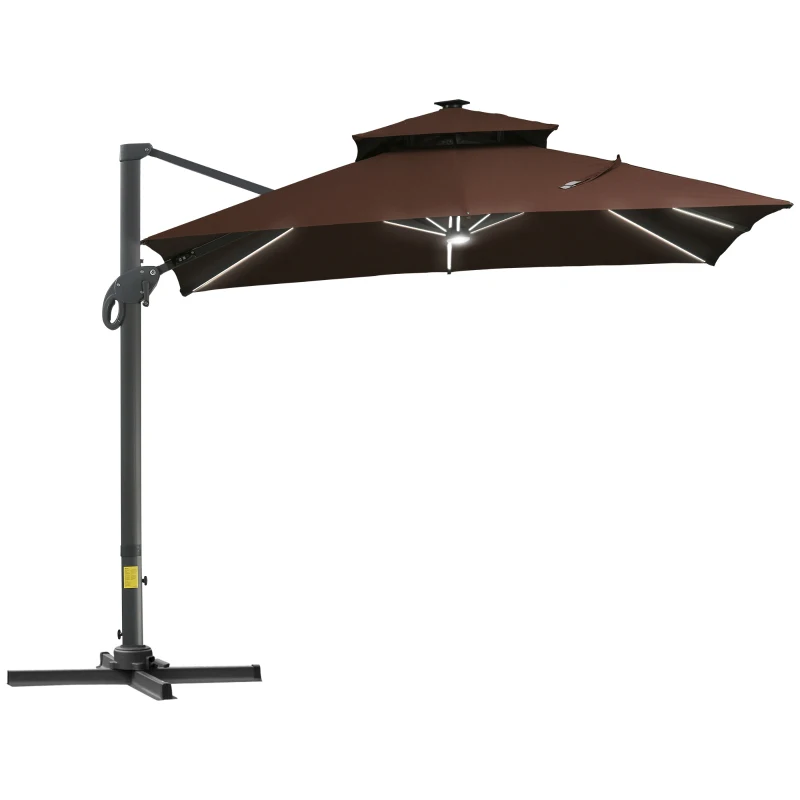 Outsunny 10x10ft Shade Umbrella with Solar LED Cold Lighted & Power Bank with Adjustable Angle for Backyard, Brown