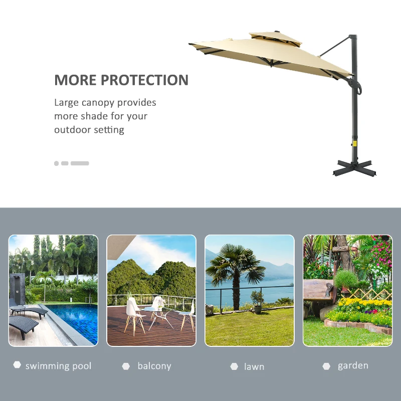 Outsunny 10ft Offset Patio Umbrella, Hanging Cantilever Umbrella, Square Shape, Aluminum Cross Base, Tilt, 360-Degree Rotation, Beige