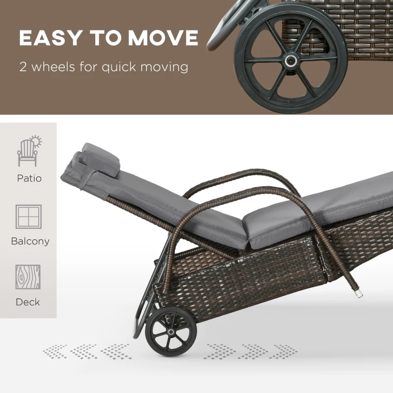 Outsunny 3 Pieces Wicker Patio Lounger Set with Table, PE Rattan Outdoor Lounge Chair Set with Cushions, Wheels, 5-Level Reclining Backrest, Headrest, Brown/Dark Grey