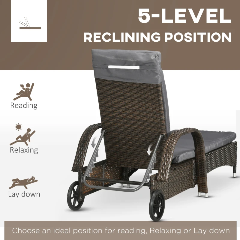 Outsunny 3 Pieces Wicker Patio Lounger Set with Table, PE Rattan Outdoor Lounge Chair Set with Cushions, Wheels, 5-Level Reclining Backrest, Headrest, Brown/Dark Grey