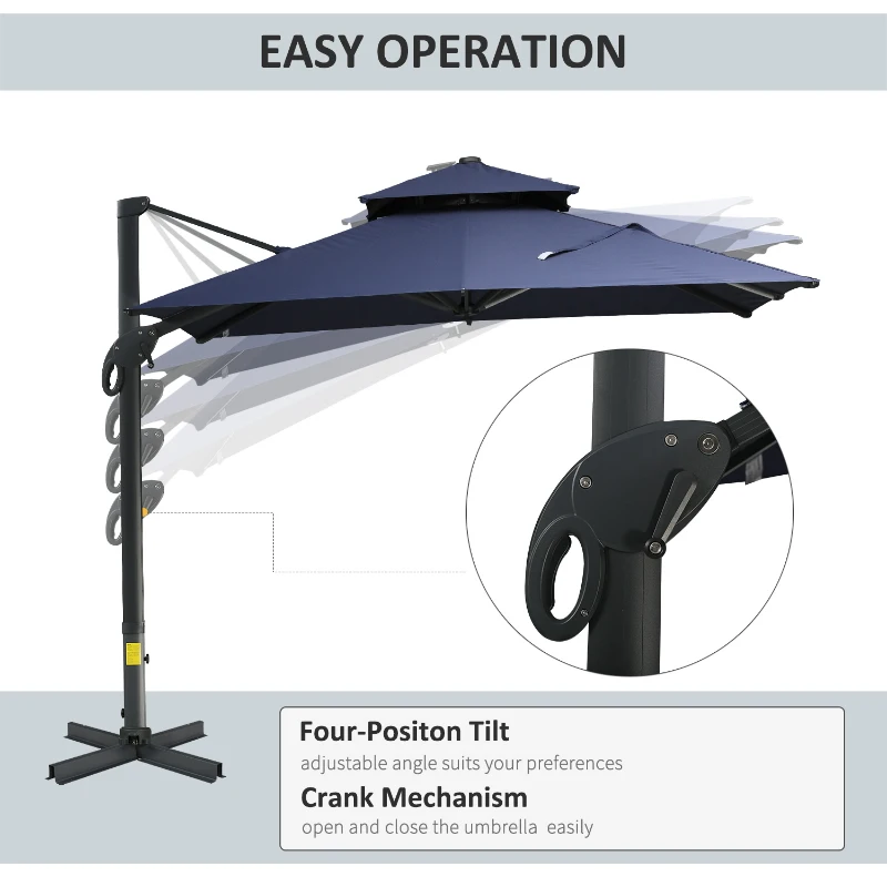 Outsunny 10ft Offset Patio Umbrella, Hanging Cantilever Umbrella, Square Shape, Aluminum Cross Base, Tilt, 360-Degree Rotation, Blue