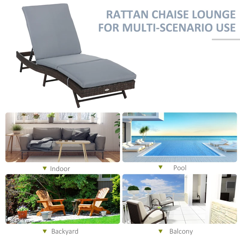 Outsunny Wicker Patio Lounger, Outdoor S Shape Recliners Lounge Chair w/ 5-Level Adjustable Backrest, Soft Padded Cushion for Outdoor Use, Grey