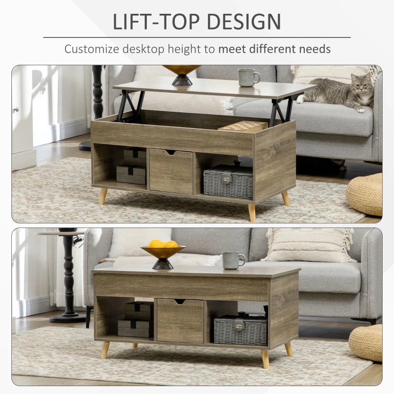 HOMCOM Lift Top Coffee Table with Hidden Storage Compartment, Drawer and Open Shelves, Coffee Table with Lift Tabletop, Center Table for Living Room, Gray