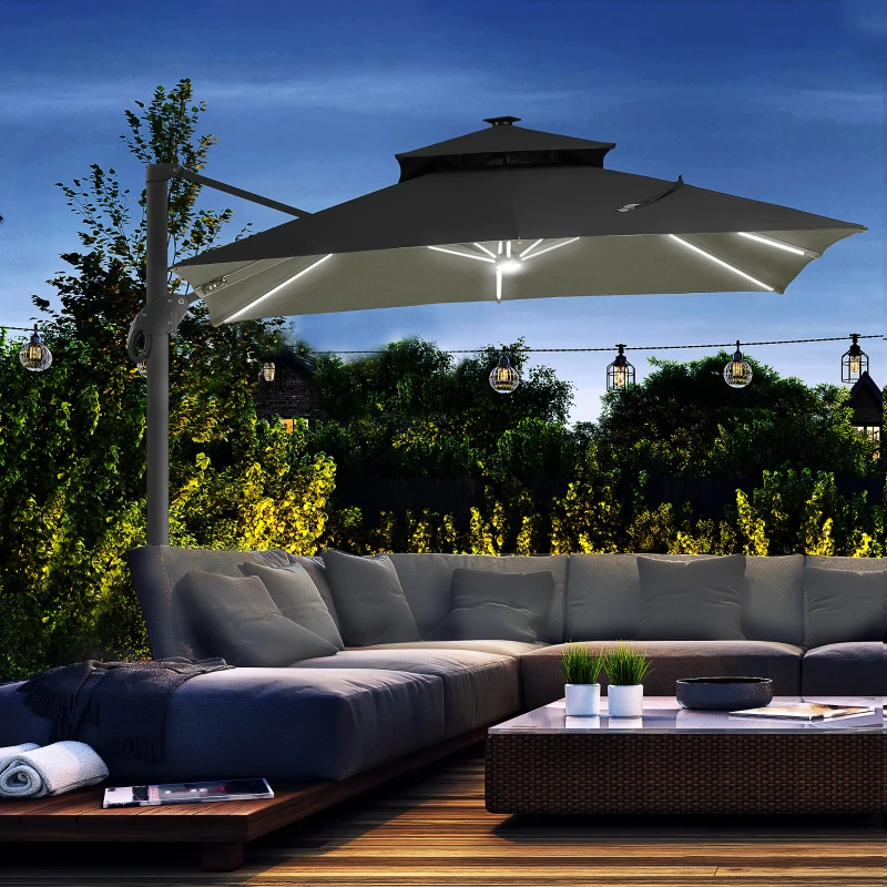 Outsunny 10x10ft Shade Umbrella with Solar LED Cold Lighted & Power Bank with Adjustable Angle for Backyard, Dark Grey
