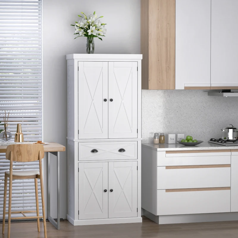 HOMCOM 6ft Wood Farmhouse Colonial Kitchen Pantry Cabinet, with 4 Adjustable Shelves, 2 Wood Pantries, & 1 Drawer, White