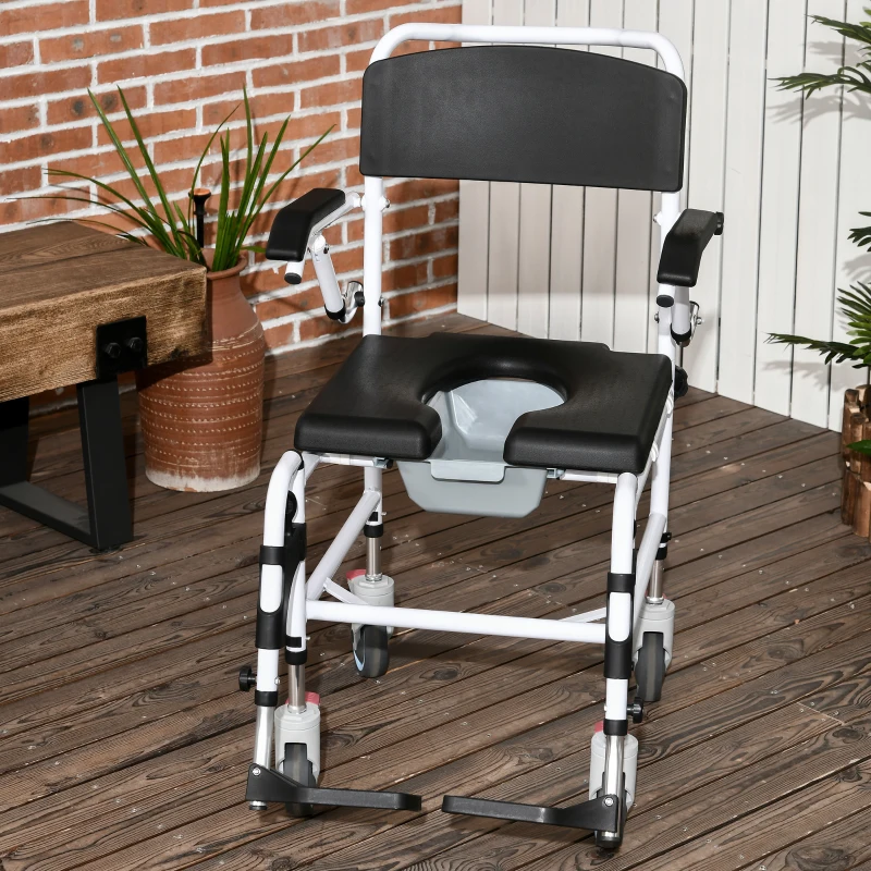 HOMCOM Accessibility Commode Wheelchair, Rolling Shower Wheelchair with 4 Castor Wheels, Rectangle Detachable Bucket, & Waterproof Design, 17" Seat Width, Black