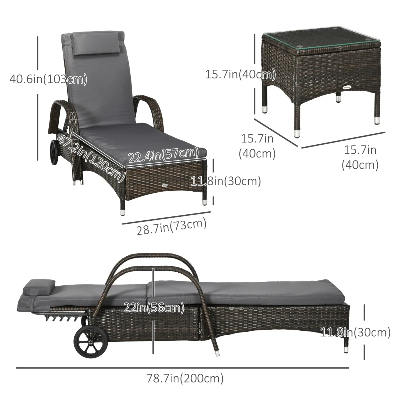 Outsunny 3 Pieces Wicker Patio Lounger Set with Table, PE Rattan Outdoor Lounge Chair Set with Cushions, Wheels, 5-Level Reclining Backrest, Headrest, Brown/Dark Grey