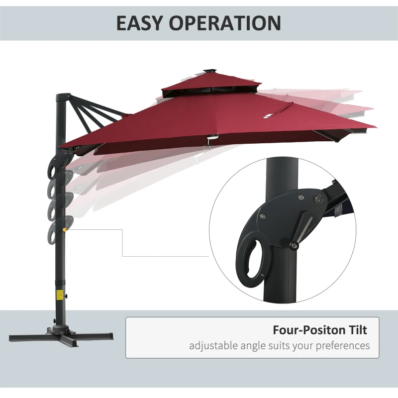 Outsunny 10x10ft Shade Umbrella with Solar LED Cold Lighted and Power Bank with Adjustable Angle for Backyard, Wine Red