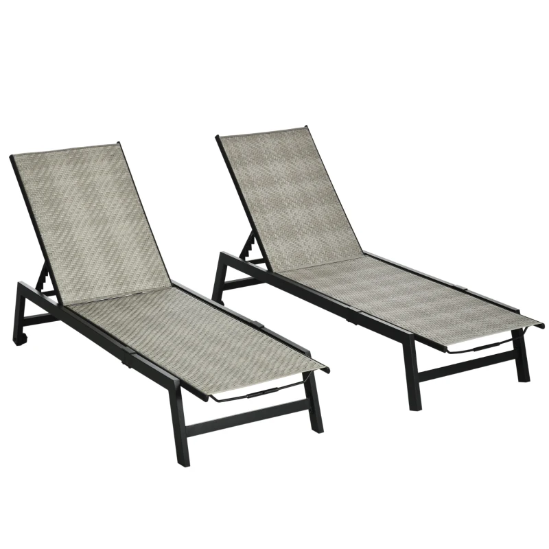 Outsunny 2 Pieces Patio Lounger Chair Set, Outdoor Aluminum Frame PE Rattan Wicker Sun Lounger Set w/ 5-Position Backrest and Wheels for Sun Room, Garden, Poolside, Light Grey
