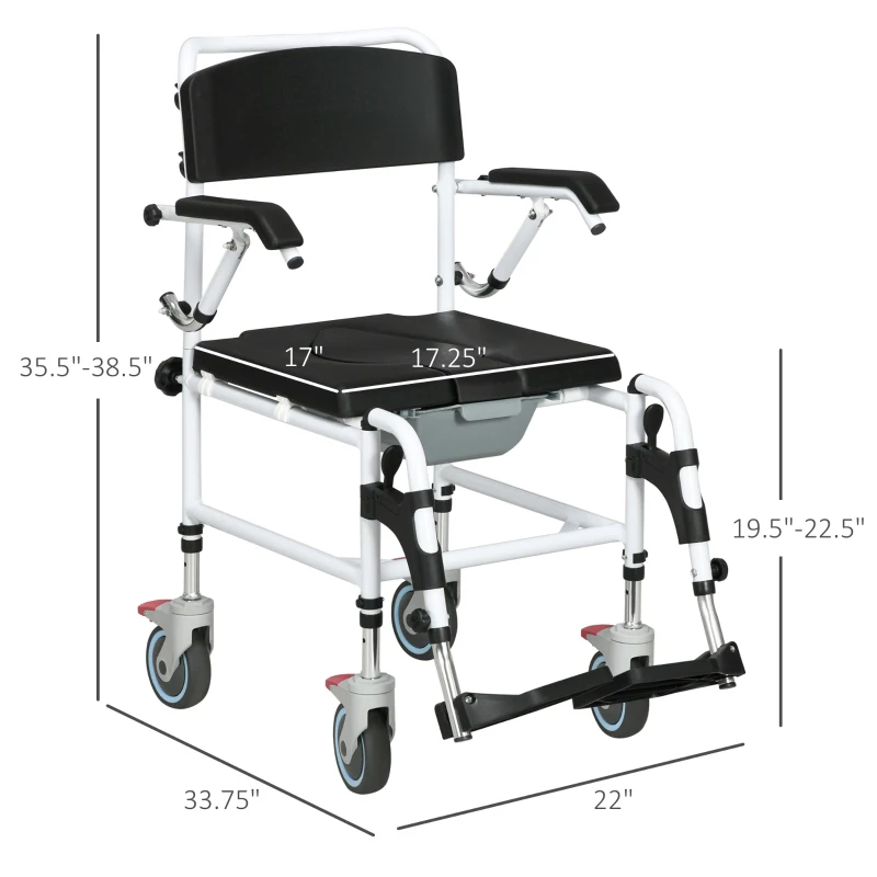 HOMCOM Accessibility Commode Wheelchair, Rolling Shower Wheelchair with 4 Castor Wheels, Rectangle Detachable Bucket, & Waterproof Design, 17" Seat Width, Black