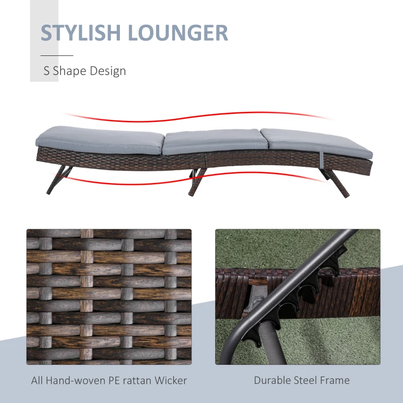 Outsunny Wicker Patio Lounger, Outdoor S Shape Recliners Lounge Chair w/ 5-Level Adjustable Backrest, Soft Padded Cushion for Outdoor Use, Grey