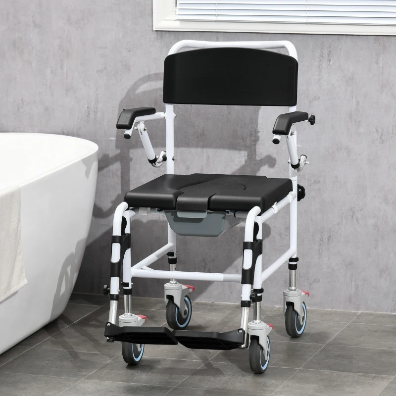 HOMCOM Accessibility Commode Wheelchair, Rolling Shower Wheelchair with 4 Castor Wheels, Rectangle Detachable Bucket, & Waterproof Design, 17" Seat Width, Black