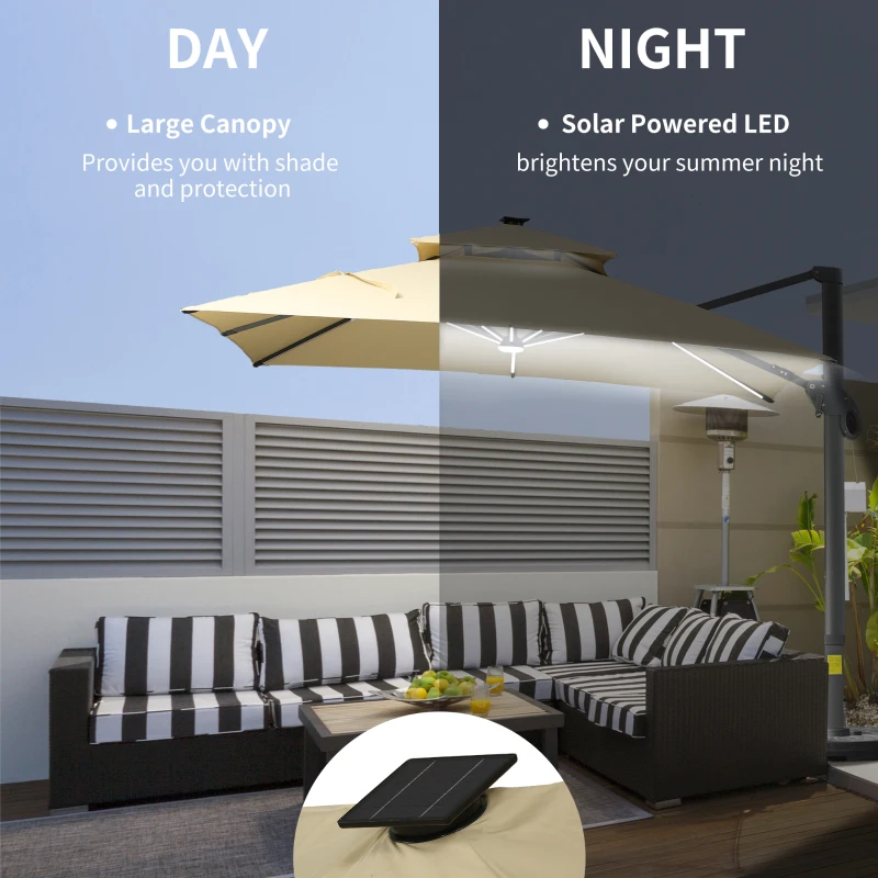 Outsunny 10x10ft Shade Umbrella with Solar LED Cold Lighted & Power Bank with Adjustable Angle for Backyard, Beige