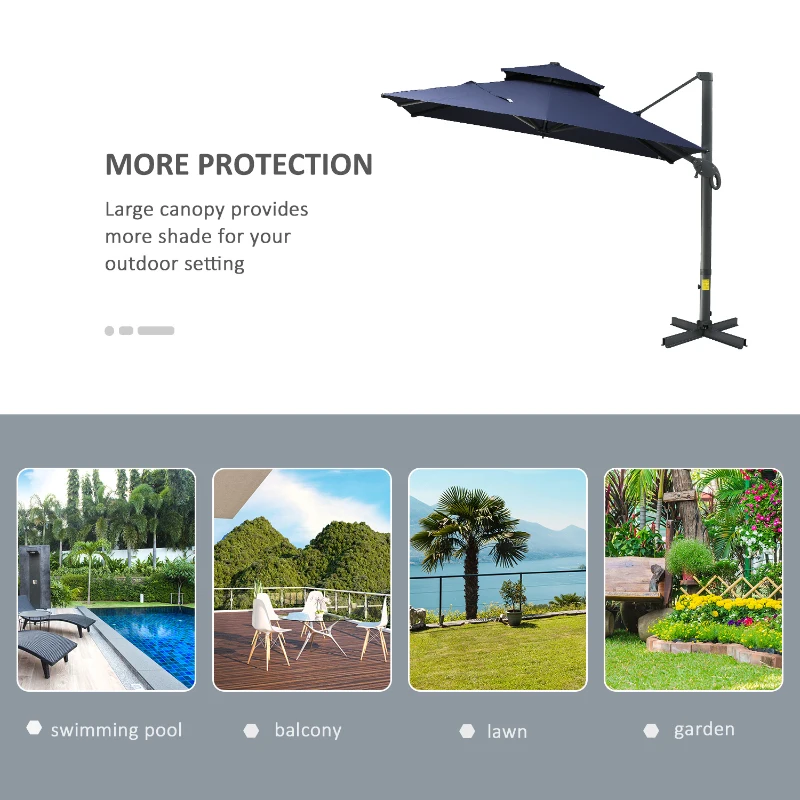 Outsunny 10ft Offset Patio Umbrella, Hanging Cantilever Umbrella, Square Shape, Aluminum Cross Base, Tilt, 360-Degree Rotation, Blue
