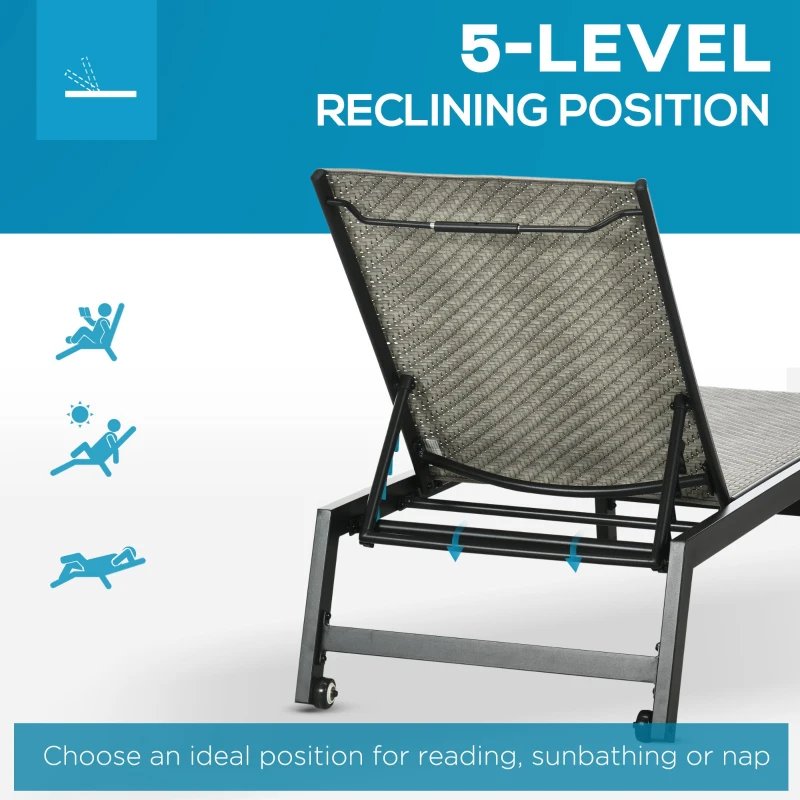 Outsunny 2 Pieces Patio Lounger Chair Set, Outdoor Aluminum Frame PE Rattan Wicker Sun Lounger Set w/ 5-Position Backrest and Wheels for Sun Room, Garden, Poolside, Light Grey