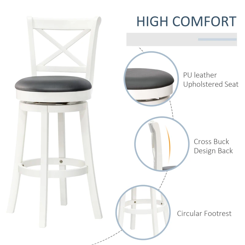 HOMCOM Traditional Bar Height Bar Stool, 31 Inch Seat Height Barstool, Swivel PU Leather Upholstered Chair, with Cross Back and Rubberwood Frame, Set of 3, Cream White