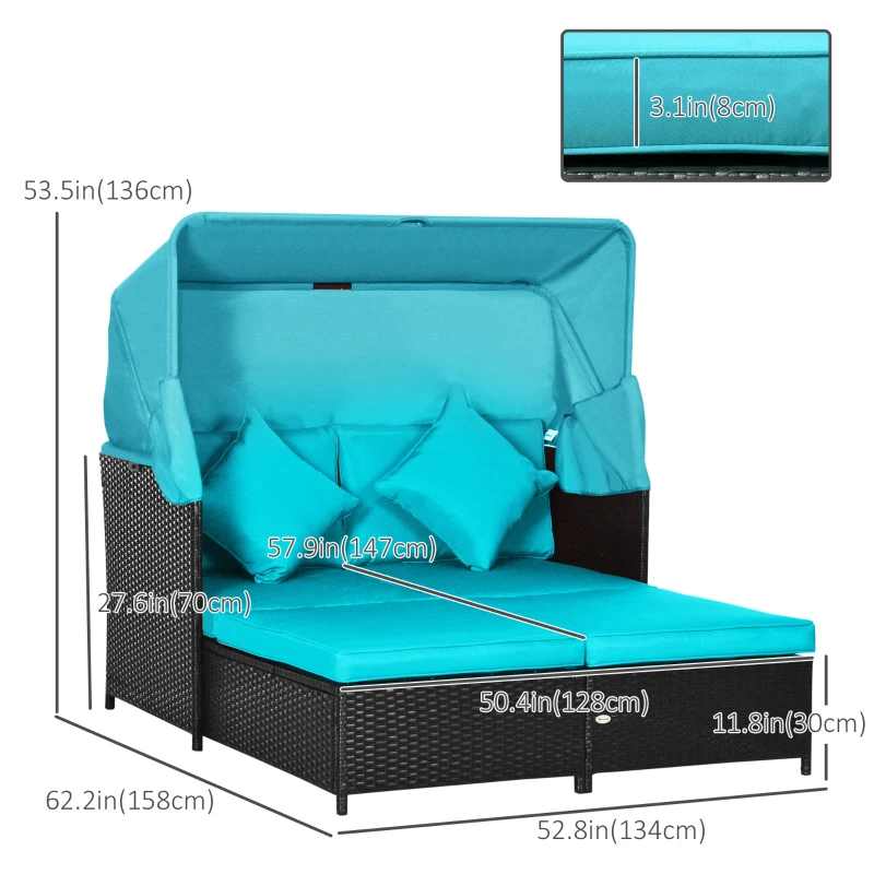 Outsunny Patio Daybed, Outdoor Wicker Double Daybed, PE Rattan Sun Lounger for 2-Person with Cushions, and Foldable Awning, for Garden, Balcony, Poolside, Green