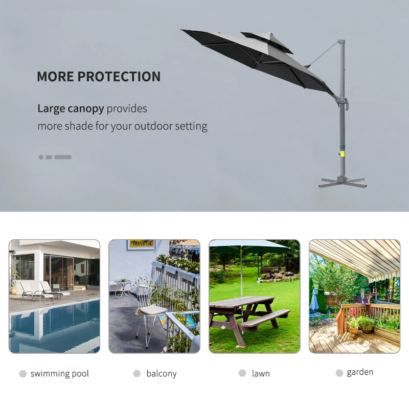 Outsunny 11ft Cantilever Patio Umbrella with Base, Double Top Hanging Aluminum Offset Umbrella with 360° Rotation, Easy Tilt, 8 Ribs, Crank, Cross Base for Backyard, Dark Gray