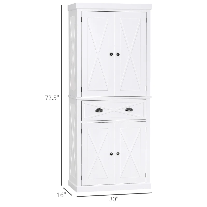 HOMCOM 6ft Wood Farmhouse Colonial Kitchen Pantry Cabinet, with 4 Adjustable Shelves, 2 Wood Pantries, & 1 Drawer, White