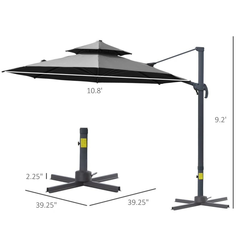 Outsunny 11ft Cantilever Patio Umbrella with Base, Double Top Hanging Aluminum Offset Umbrella with 360° Rotation, Easy Tilt, 8 Ribs, Crank, Cross Base for Backyard, Dark Gray