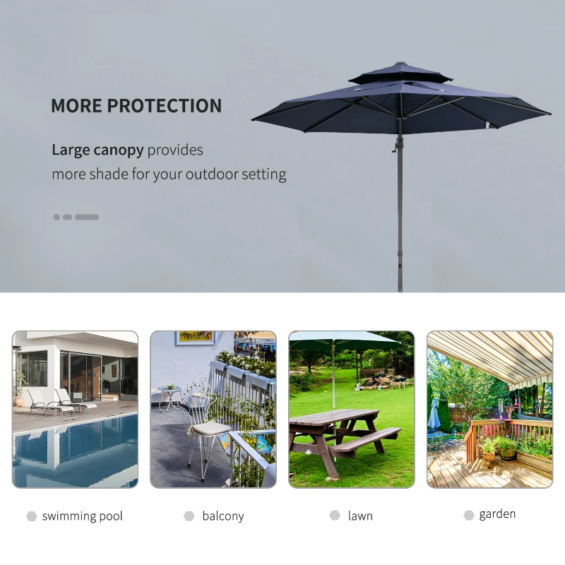 Outsunny 11ft Cantilever Patio Umbrella with Base, Double Top Hanging Aluminum Offset Umbrella with 360° Rotation, Easy Tilt, 8 Ribs, Crank, Cross Base for Backyard, Dark Blue