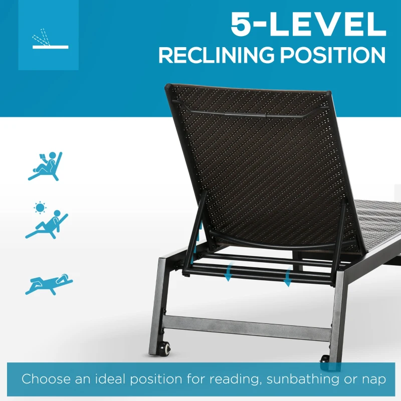 Outsunny 2 Pieces Patio Lounger Chair Set, Outdoor Aluminum Frame PE Rattan Wicker Sun Lounger Set w/ 5-Position Backrest and Wheels for Sun Room, Garden, Poolside, Dark Brown