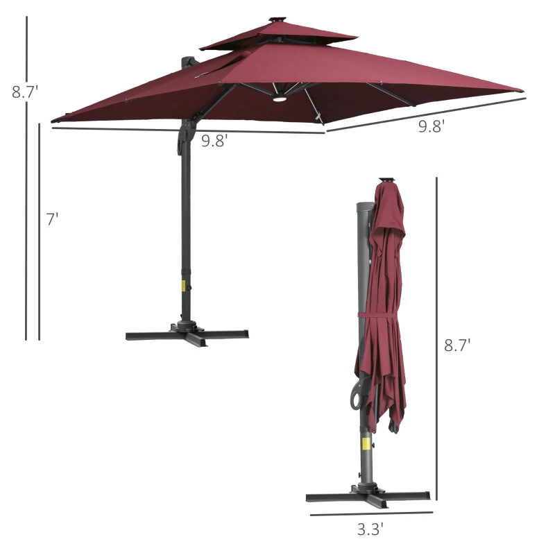 Outsunny 10x10ft Shade Umbrella with Solar LED Cold Lighted and Power Bank with Adjustable Angle for Backyard, Wine Red