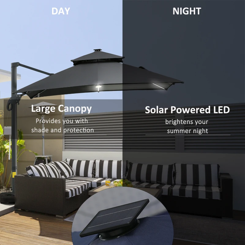 Outsunny 10x10ft Shade Umbrella with Solar LED Cold Lighted & Power Bank with Adjustable Angle for Backyard, Dark Grey